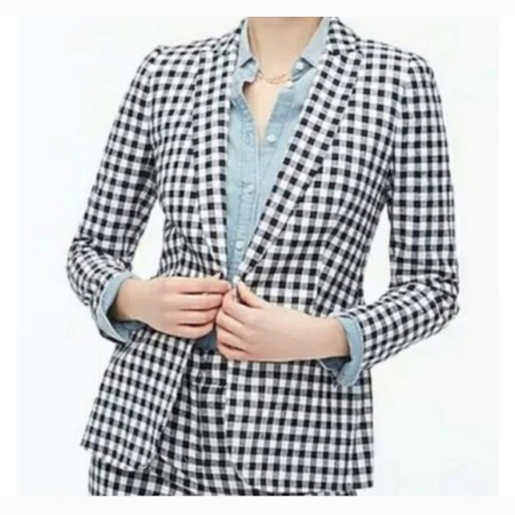 J. Crew Factory Linen Blend Navy And White Gingham Single Button Blazer - Picture 9 of 11